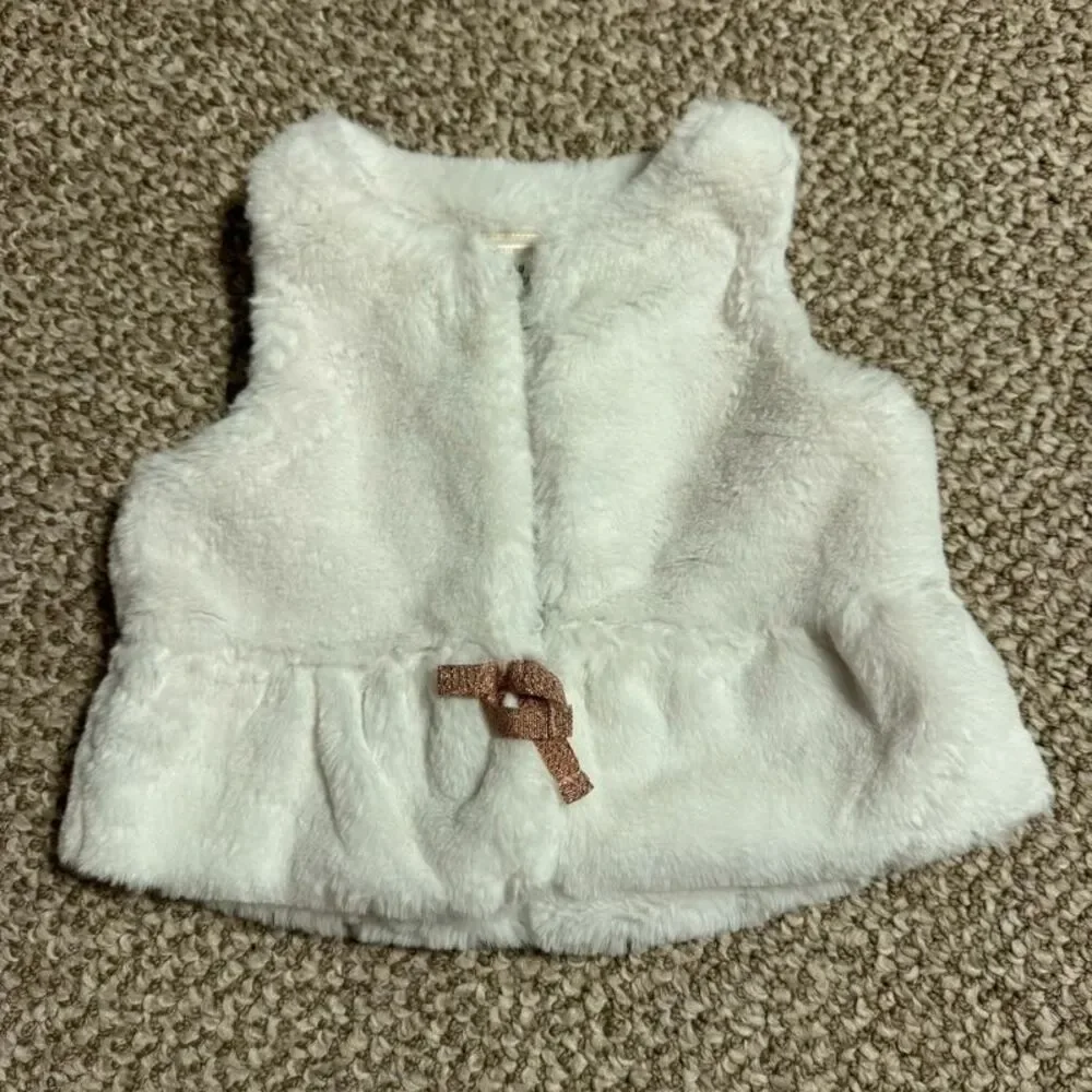 Baby B'gosh Faux Fur Vest Ivory Sparkle Bow Peplum Girls 9-12 Months
